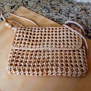 Vintage Straw Crocheted Purse with Wooden Bead Accents